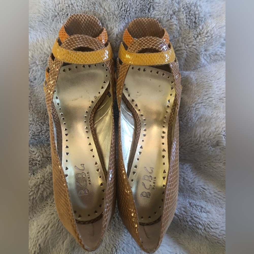 BCBG Paris Tan Snake-Embossed Flats with Yellow Strap Accent